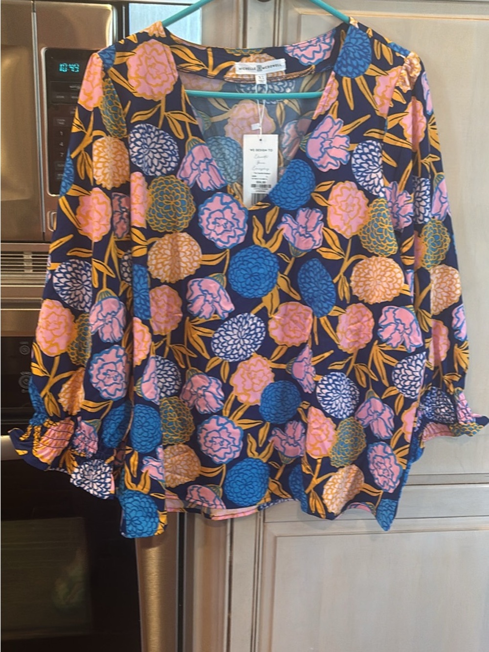 Vero Moda Navy Floral V-Neck Blouse with Pink & Blue Blooms